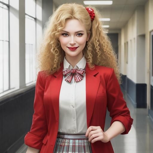 Evil Blonde Girl in Red Blazer: Hyper-Realistic Portrait