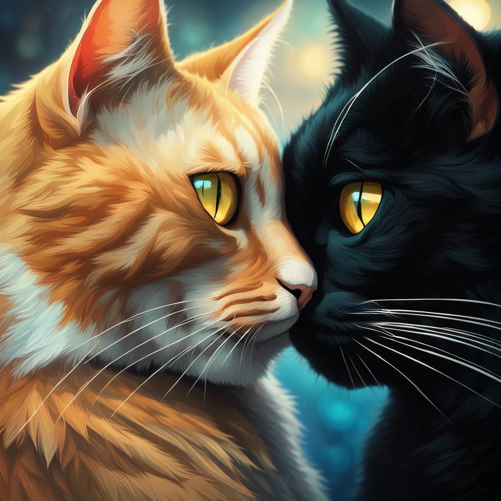Cats Touching Noses in Hyperdetailed Concept Art