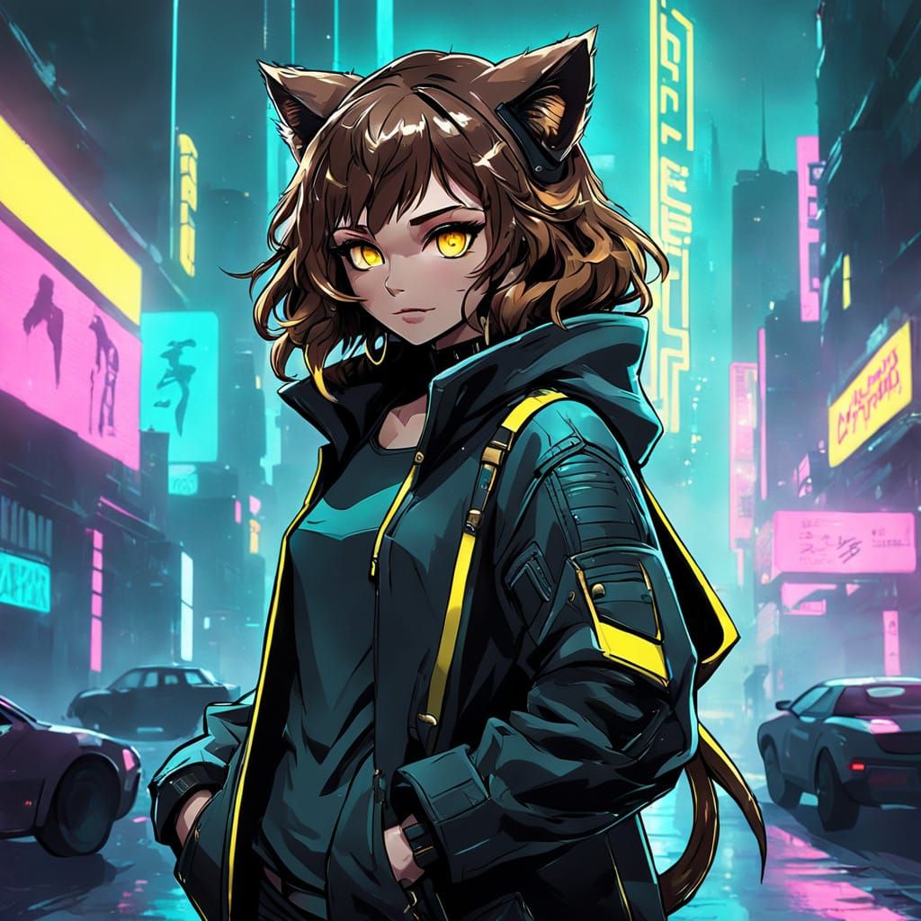 Brown Catgirl with Cyberpunk Chic