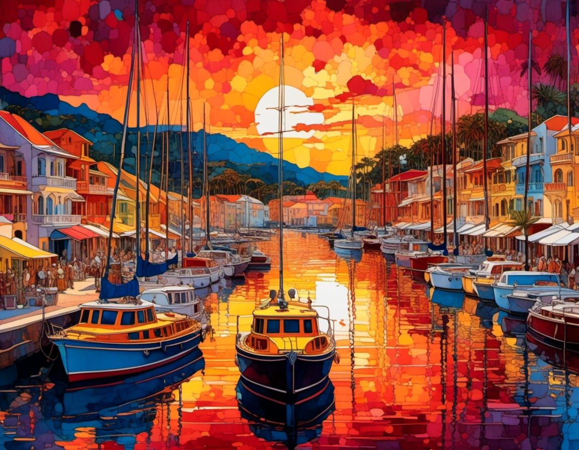 Colorful Caribbean Sunset in Stained Glass Style