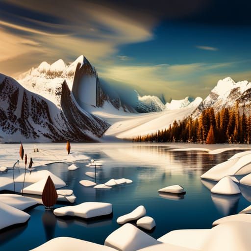 Frozen Towns by Snowy Lakes: Polished Digital Art