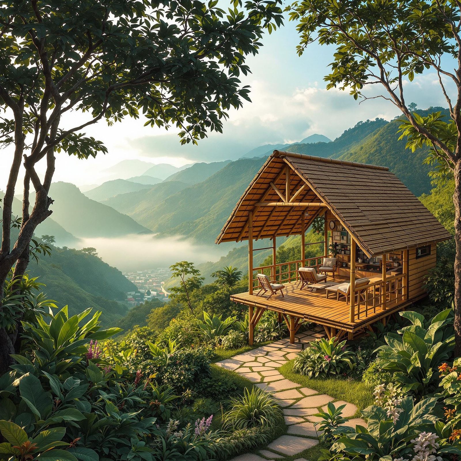 Bamboo Shelter Amidst Tropical Hilly Landscape