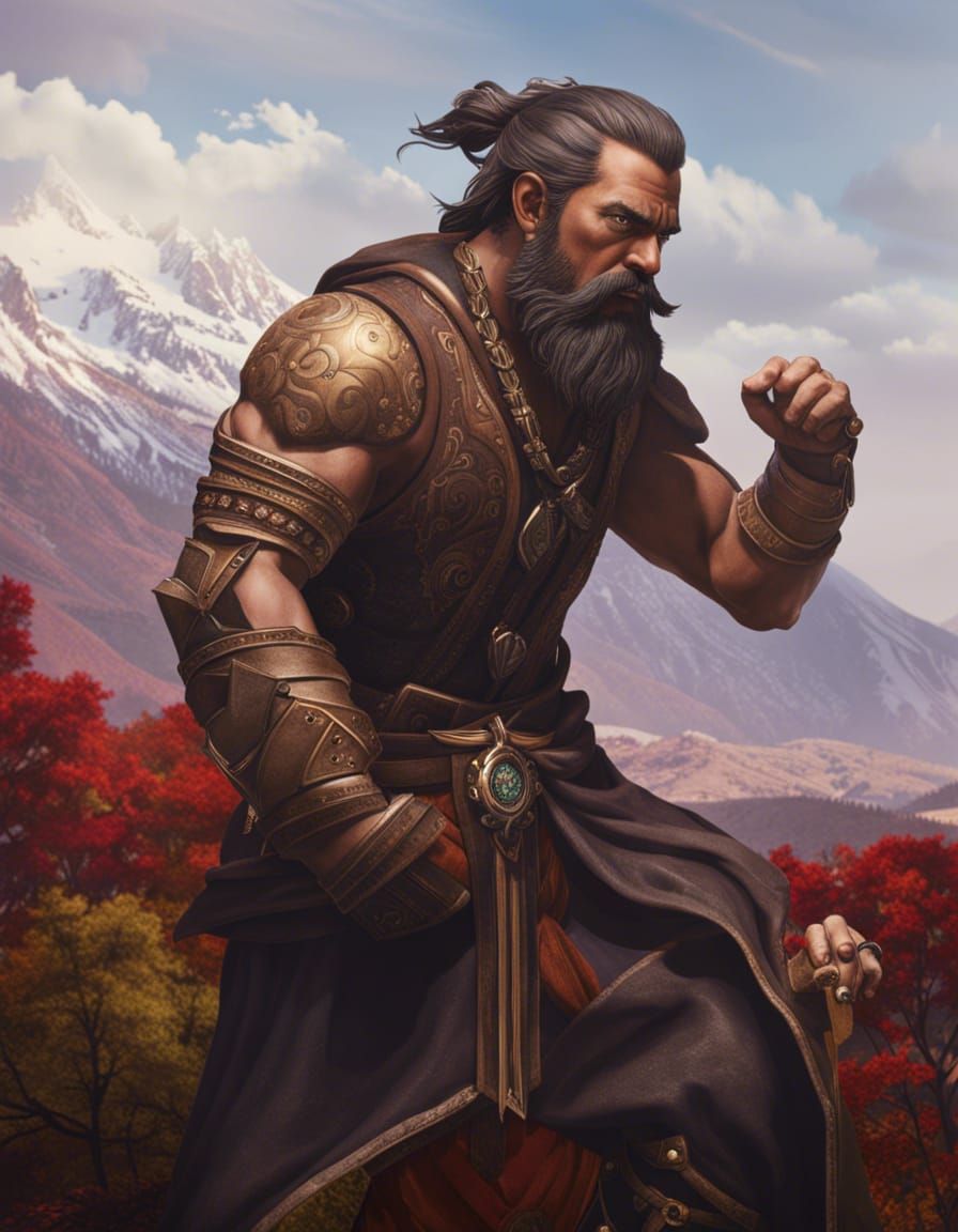 Angry Monk in Mountain Valley: Hyperrealistic Detailed Portr...