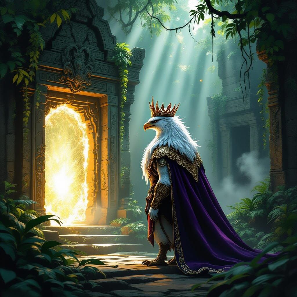 Majestic Griffin Guards Shimmering Portal in Ancient Jungle