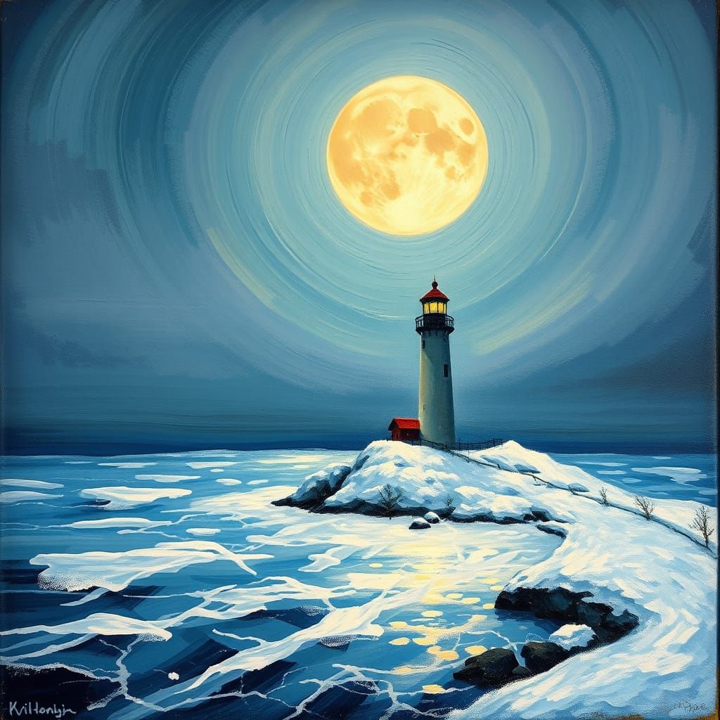 Winter Lighthouse Under Full Moonlit Frost