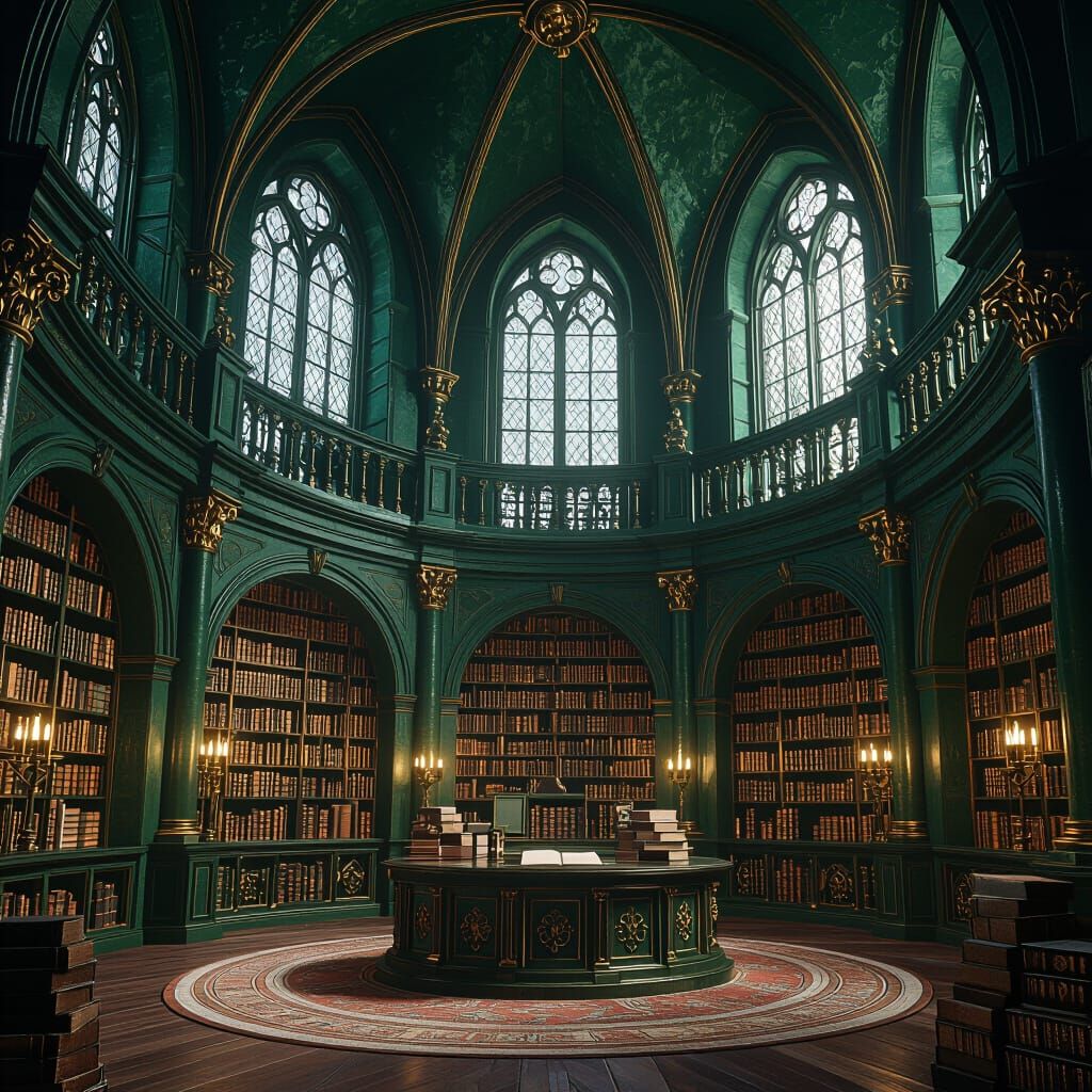 Gothic Library With Emerald Walls And Gold Accents