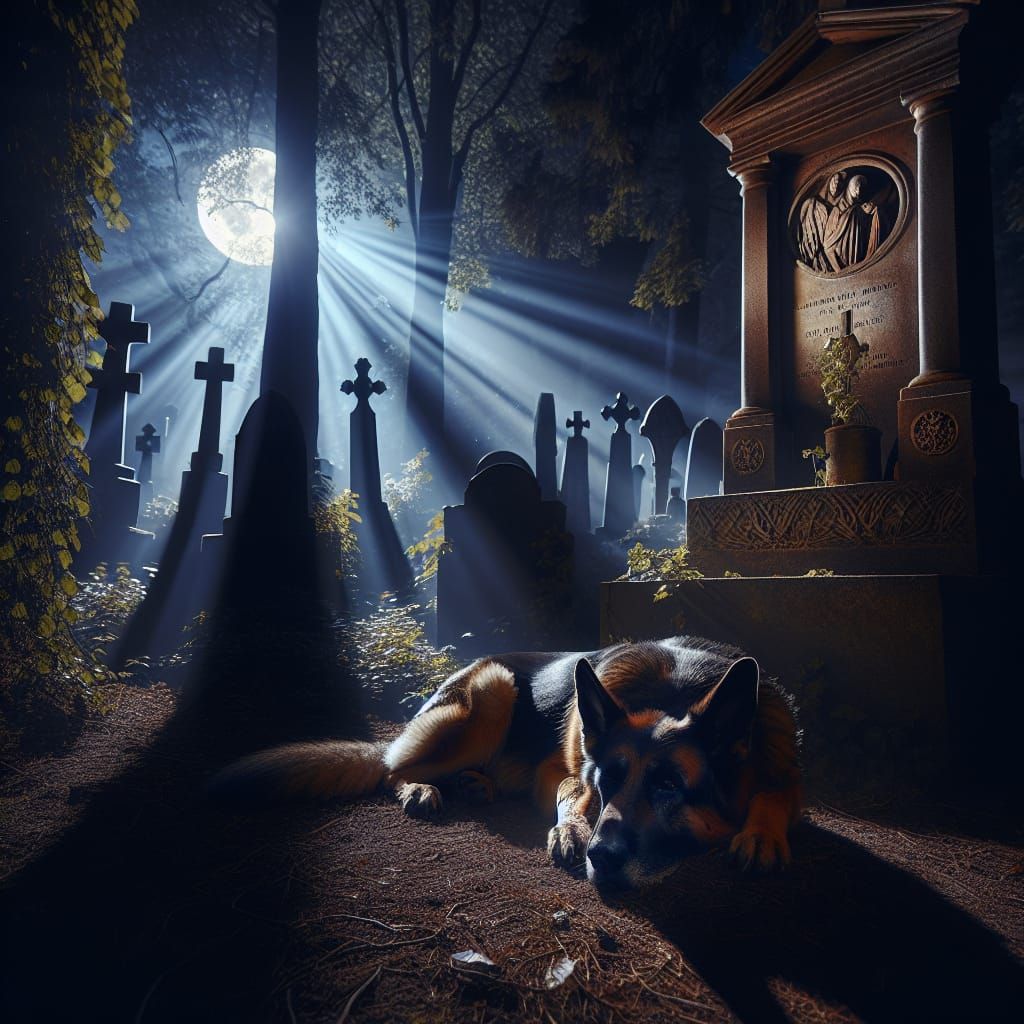 German Shepherd in Cemetery at Night