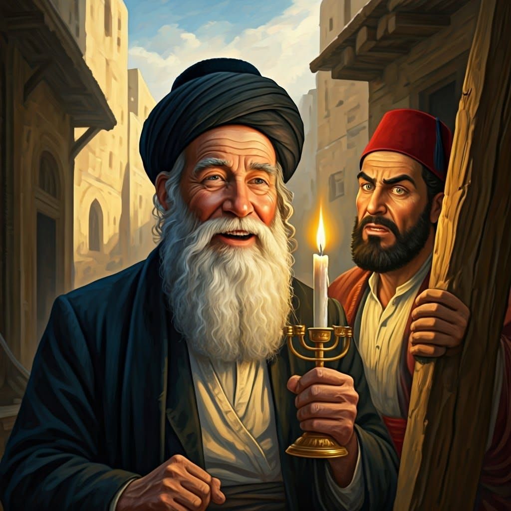 Joyful Rabbi with Candle in Warm Oil Painting Style