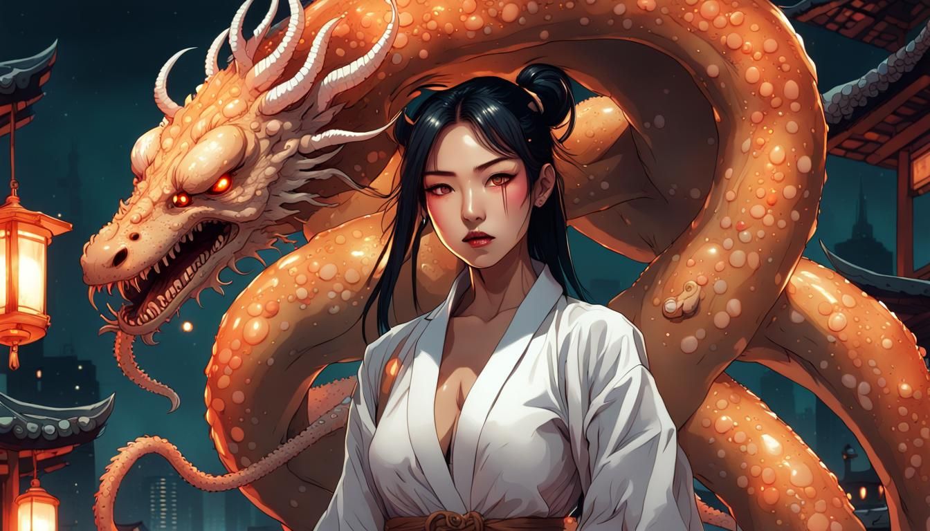 Korean Woman Rides Mutant Beast in Fantasy City