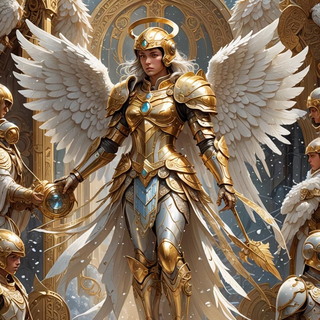 Angelic Warrior in Golden Armor, Art Nouveau Style