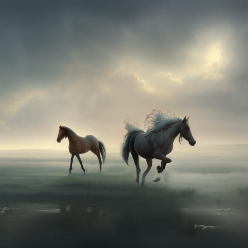 Horses Galloping Through Lake: Dark Fantasy Concept Art