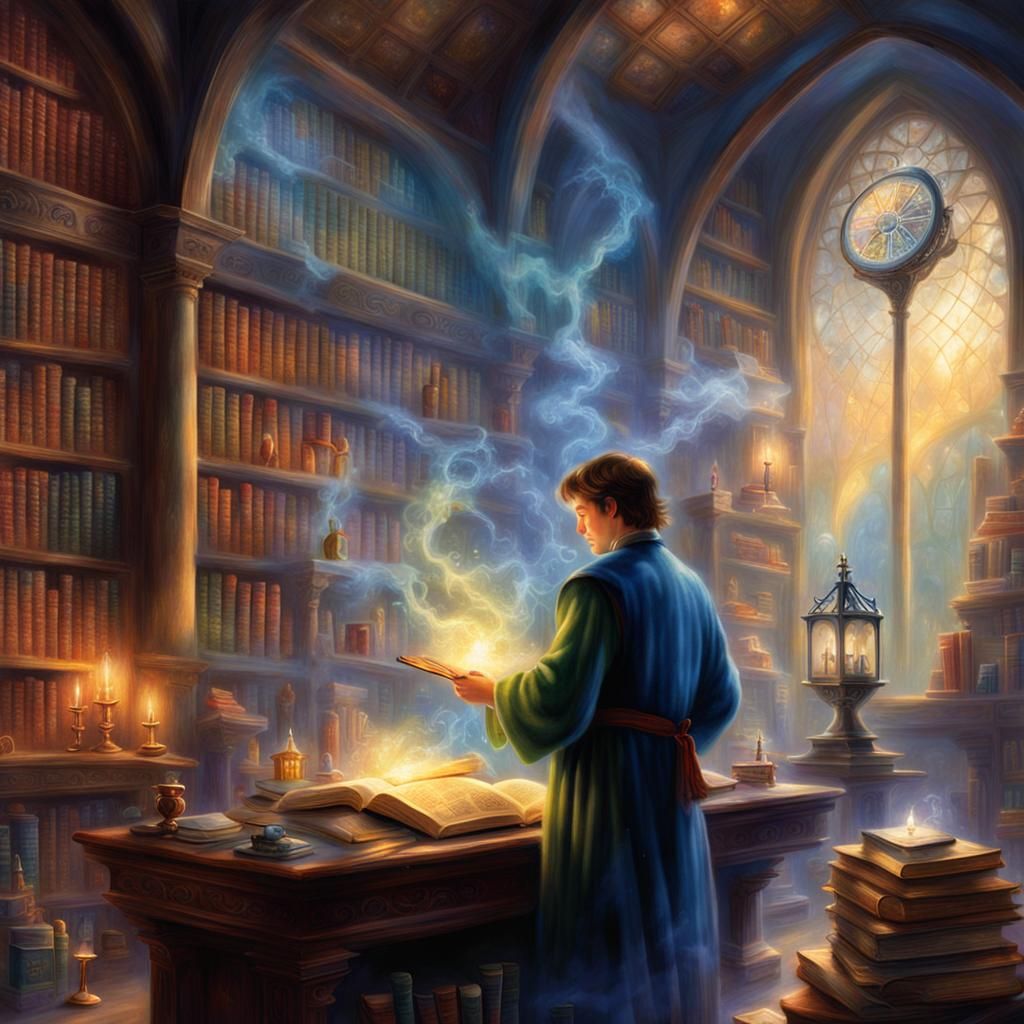 Young Wizard Practicing Spells in Magical Library