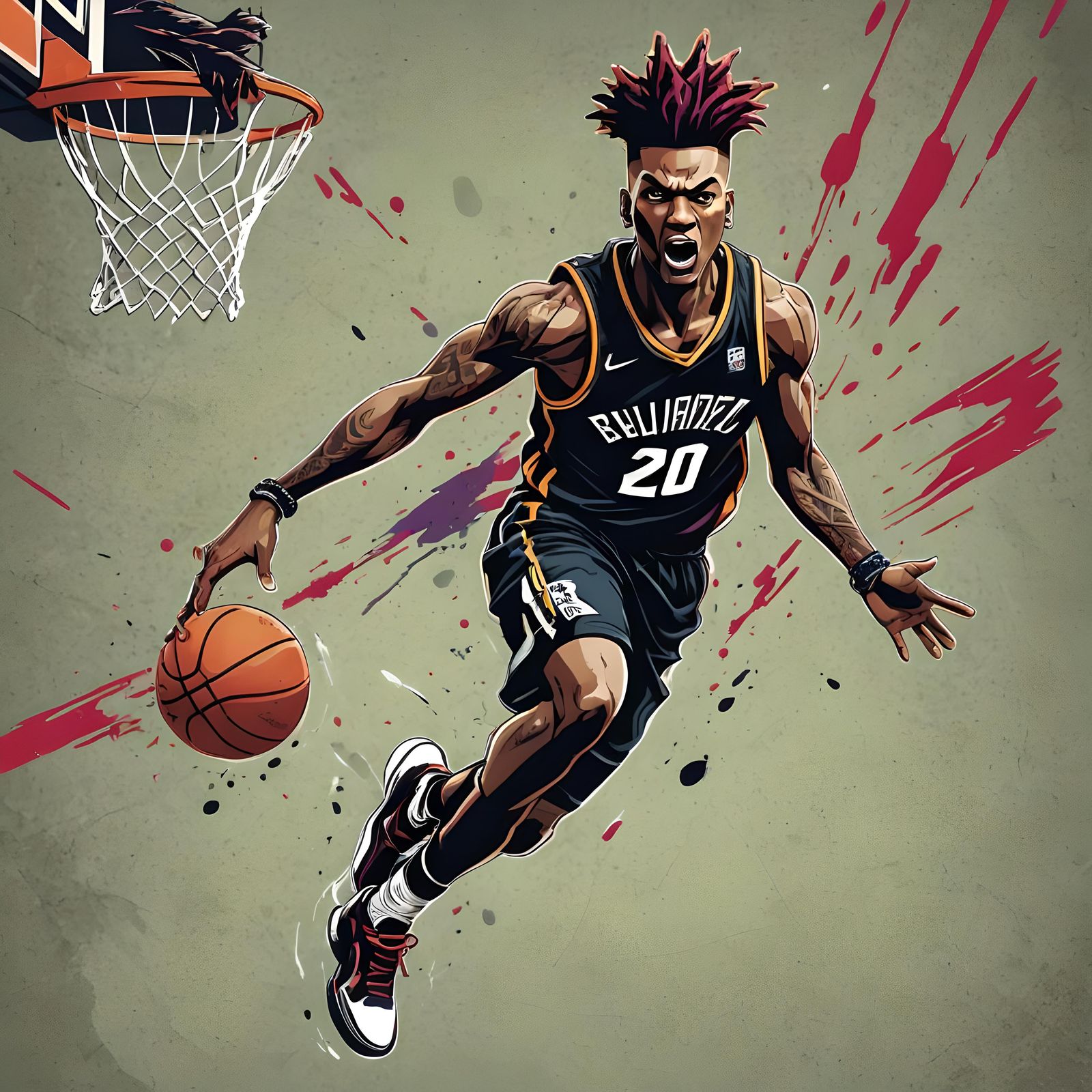 Punk Basketball Player Dunking, Detailed Matte Painting