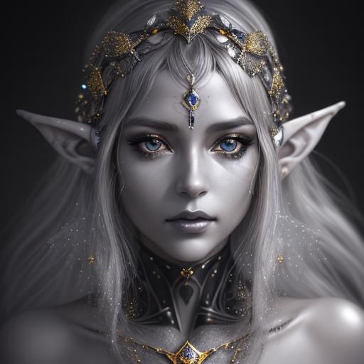 Fractal Elf Portrait in Black, Gold, and Silver
