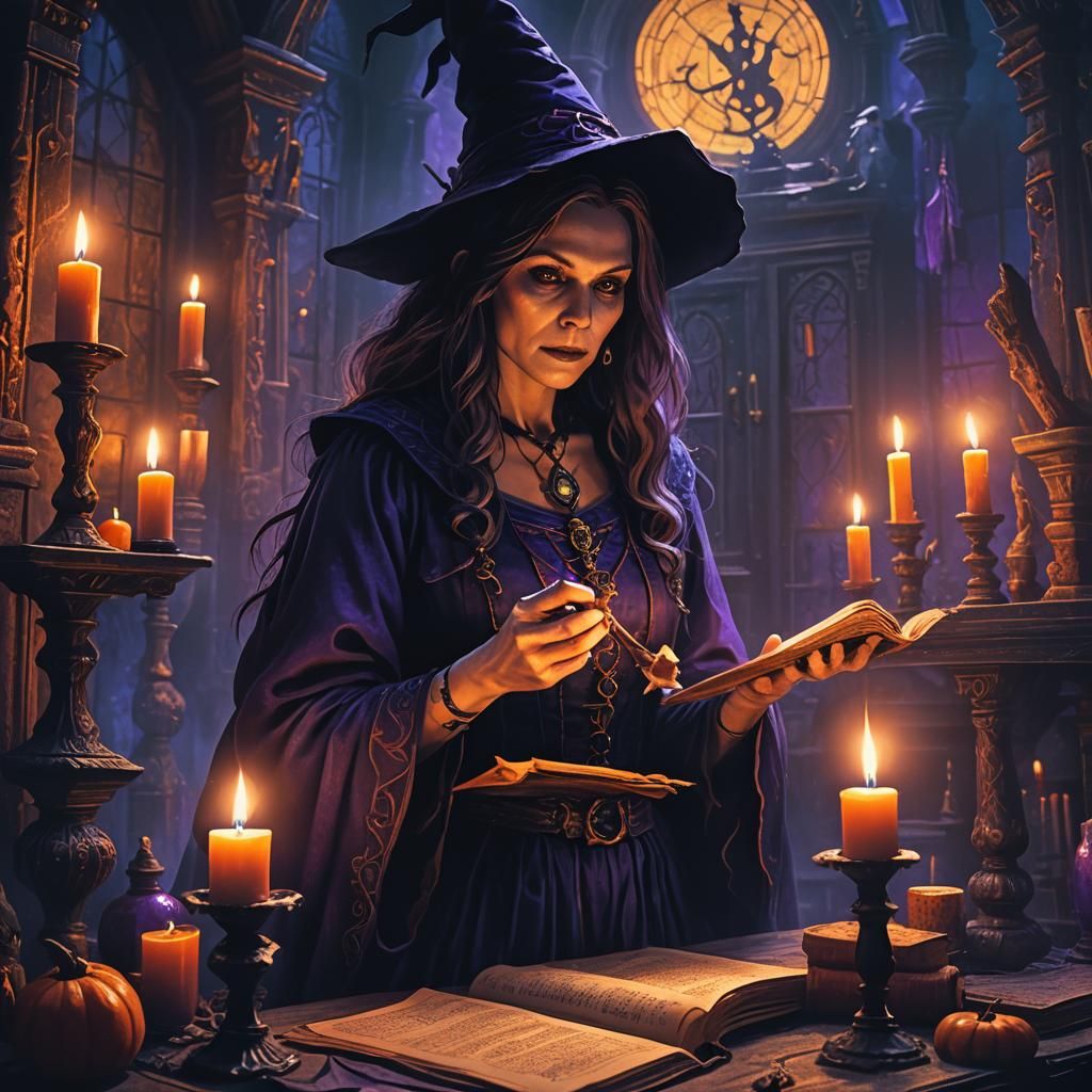 Witch Casting Spell in Haunted Mansion: Dark Fantasy Art