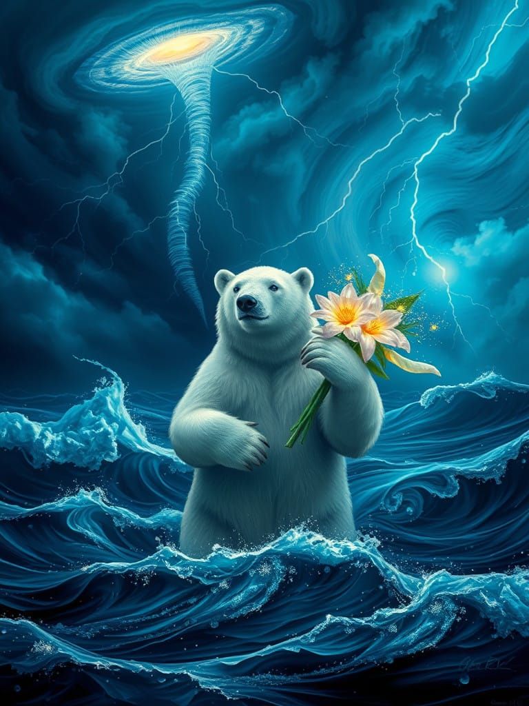Polar Bear in Stormy Ocean, Glowing Magical Flowers in Cyber...