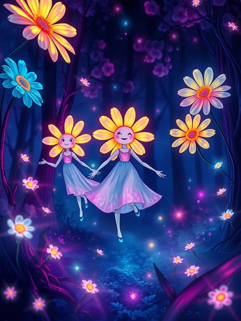 Bioluminescent Daisies in Neon Forest