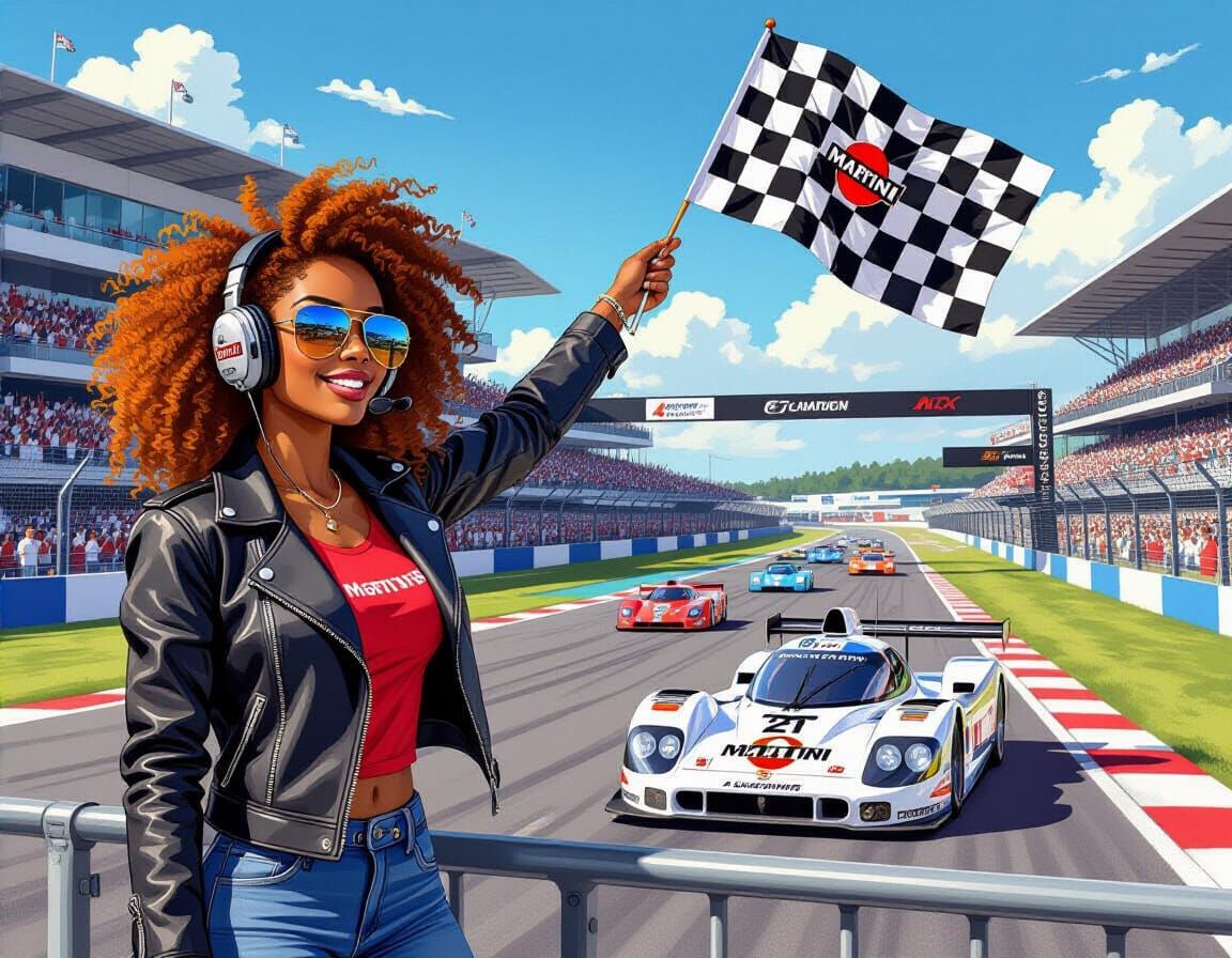 Woman Waves Checkered Flag at Porsche Race