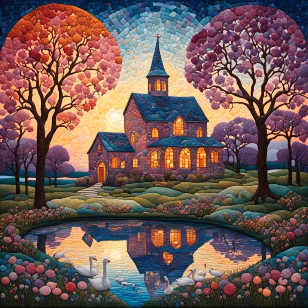 Easter Church with Swans in Maxfield Parrish Style