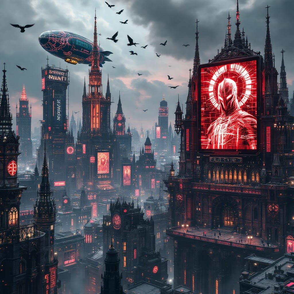 Medieval Cyberpunk Cityscape with Blimp and Jumbotron