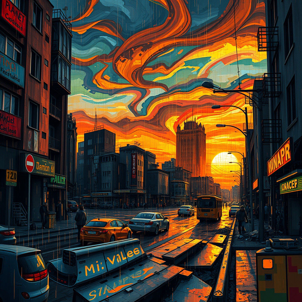 Abstract Urban Street Aftermath in Mosaic Style