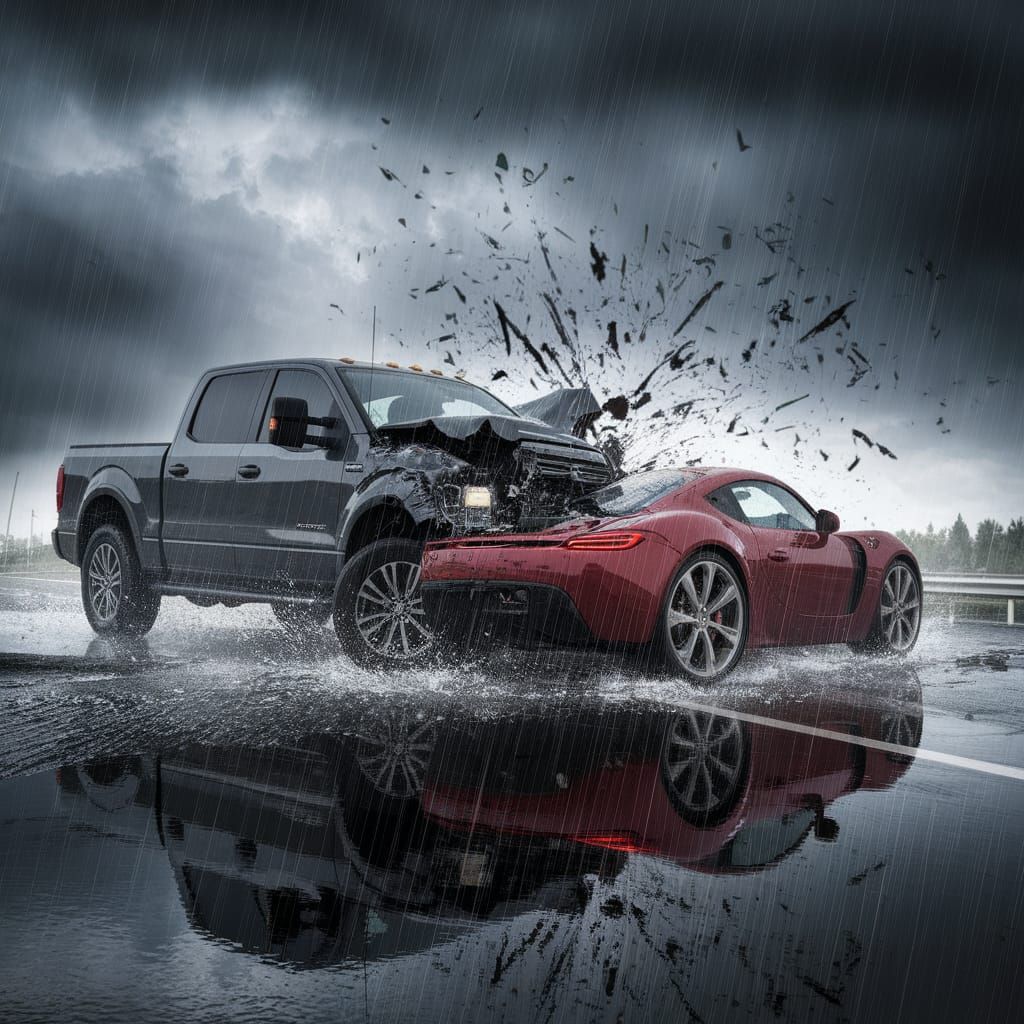 Hyper-Realistic Car Crash on Rainy Highway