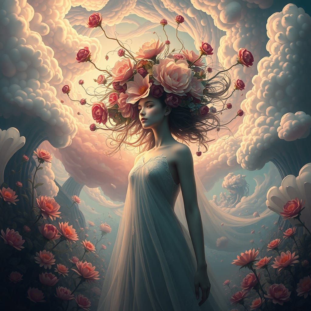 Whimsical Floral Maiden in a Biomechanical Dreamscape