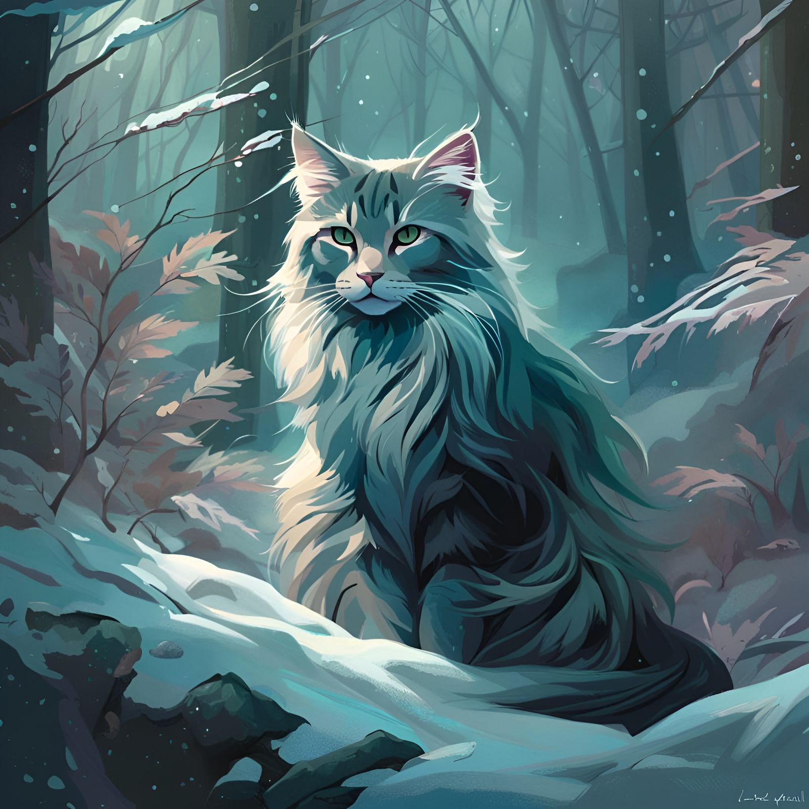 Wild Forest Cat in Winter Landscape