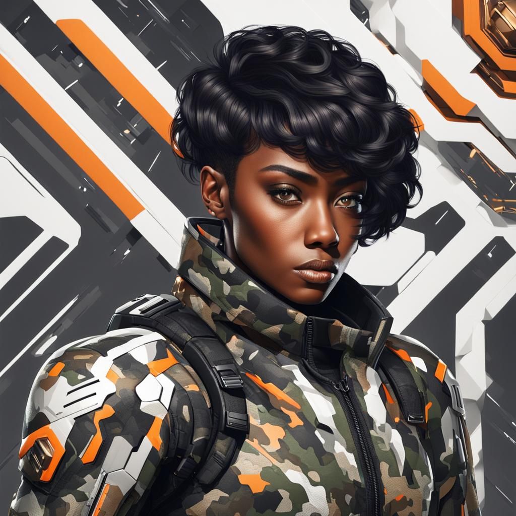Handsome Black Woman in Futuristic Camouflage Suit