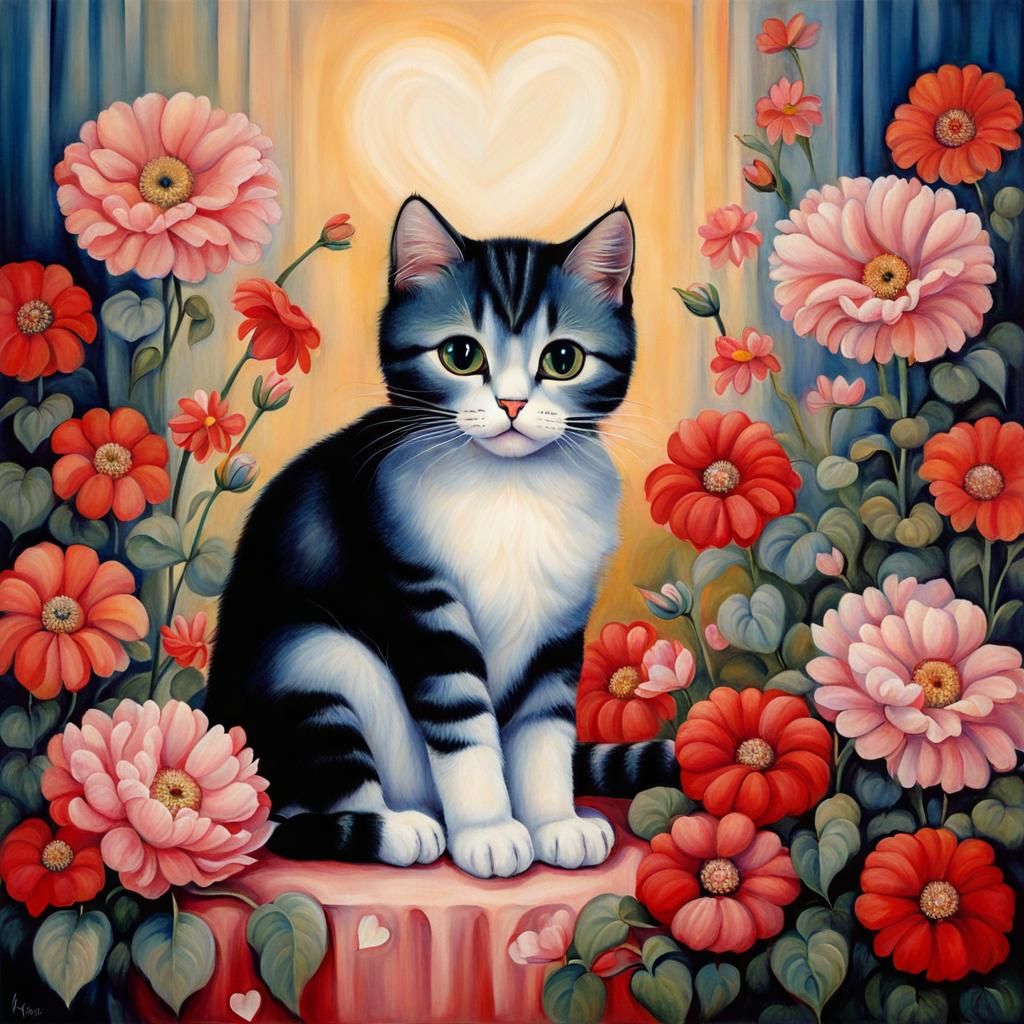 Cat with Big Eyes Surrounded by Flowers