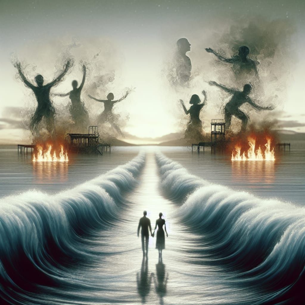 Melancholy River: Abstract Figures and Burning Bridges