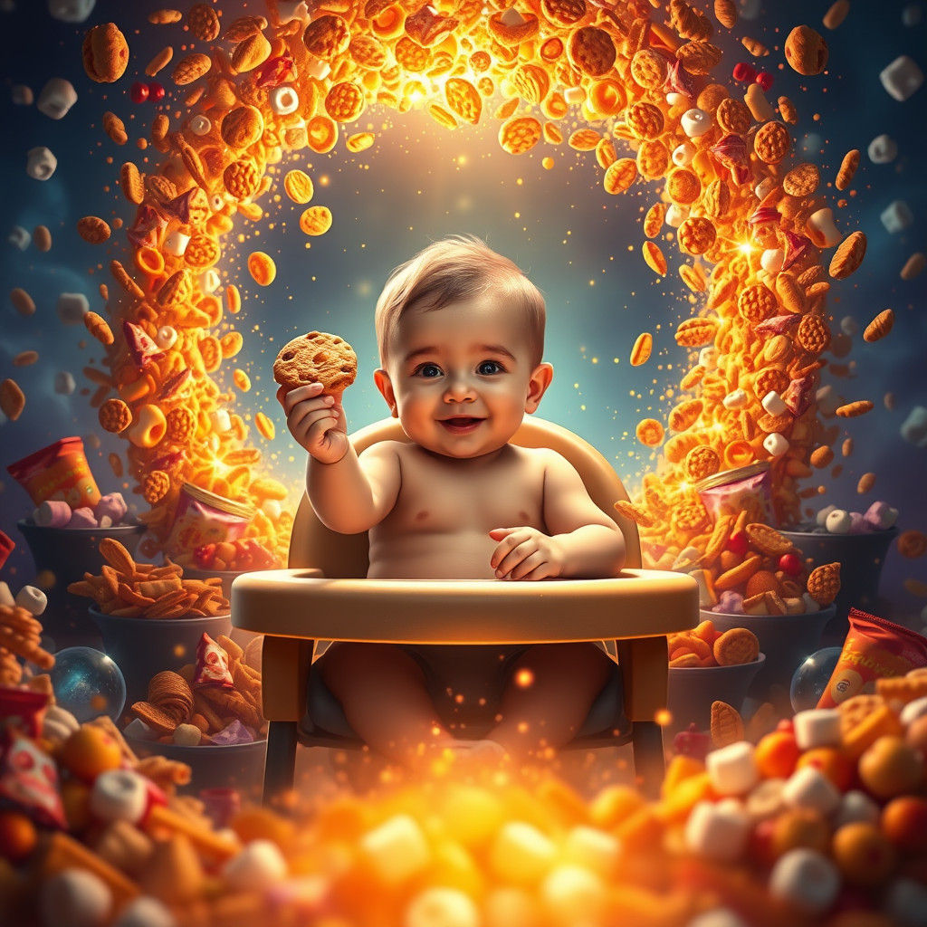 Whimsical Baby Amidst Snack Wonderland in Vibrant Matte Pain...