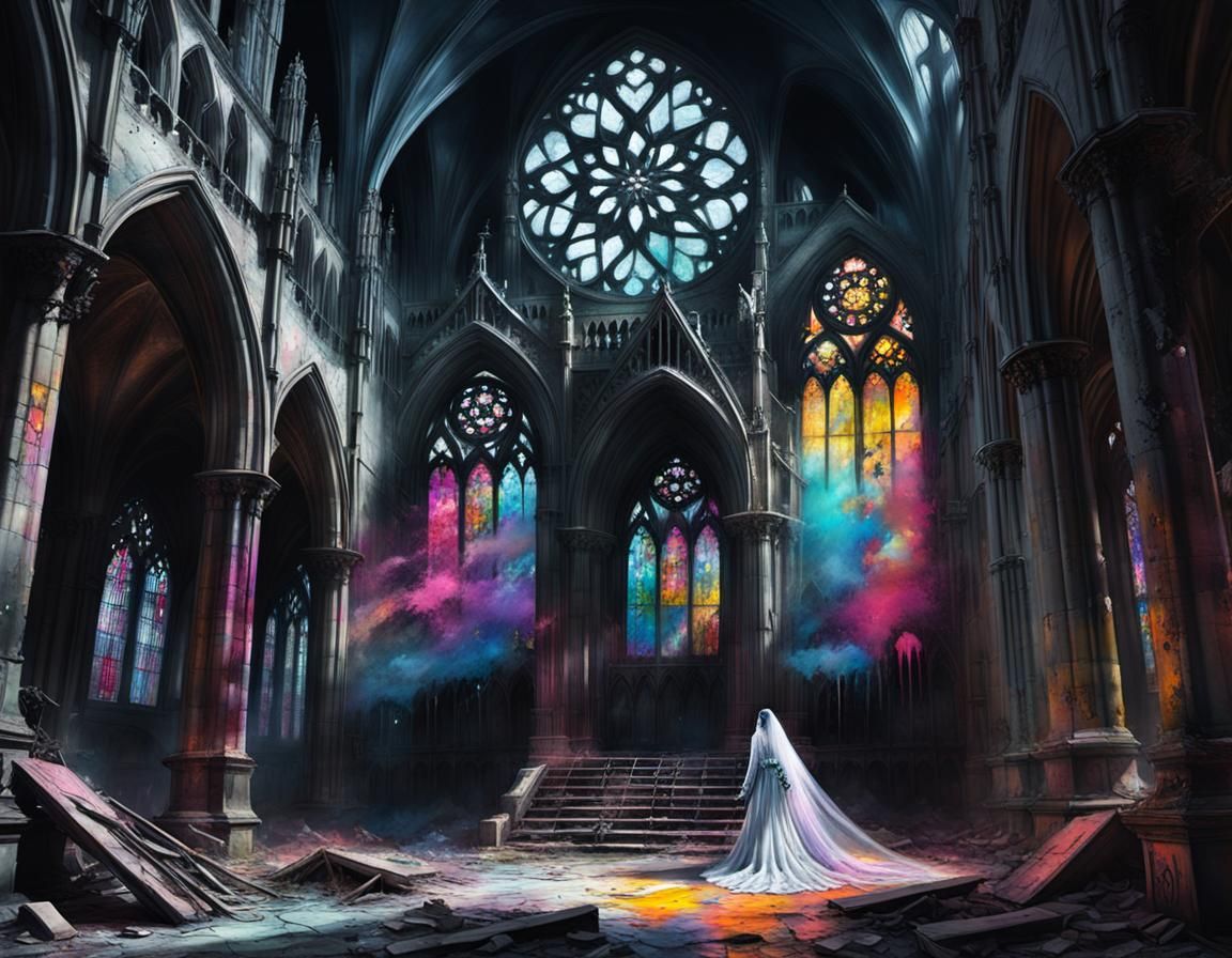 Ghost Bride Soars Through Gothic Cathedral Ruins