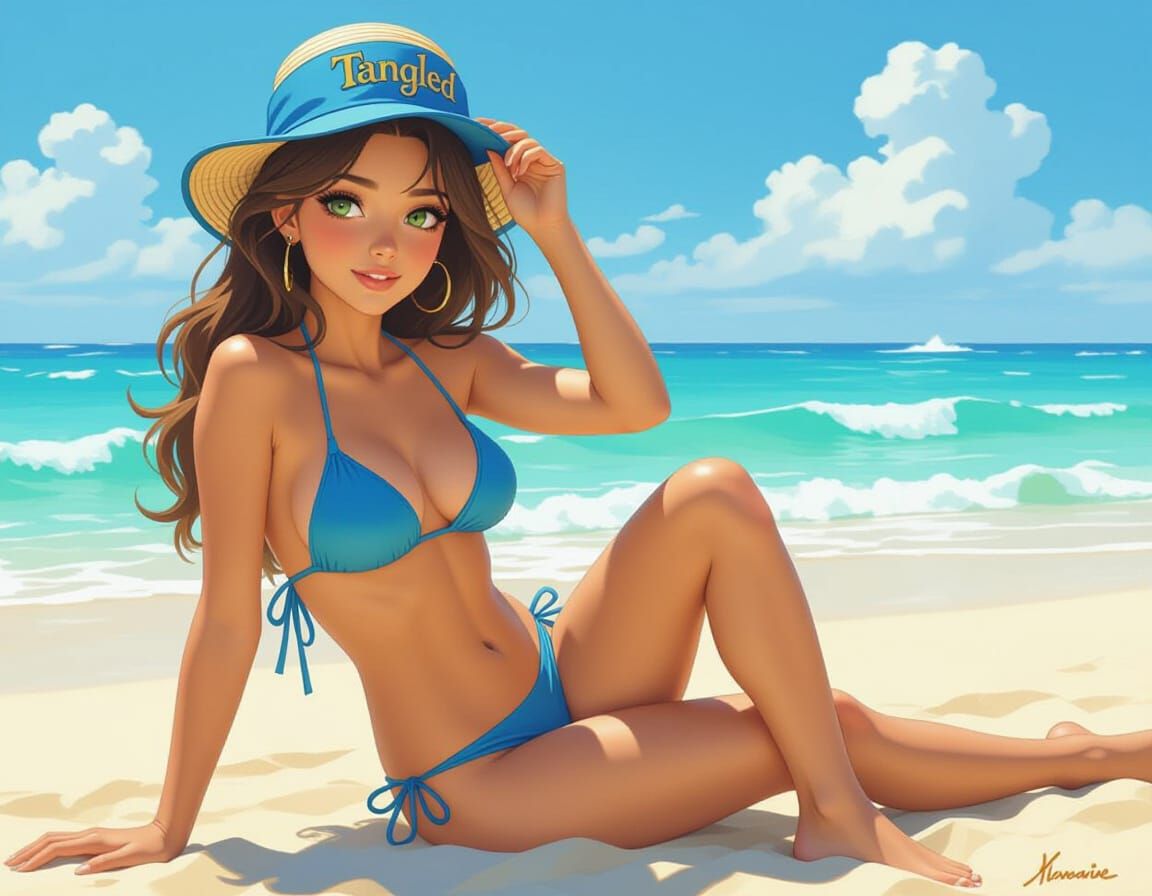 Young Woman in Blue Bikini on Sunny Beach