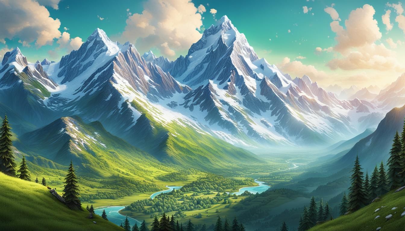 Majestic Mountain Range with Snow-Capped Peaks