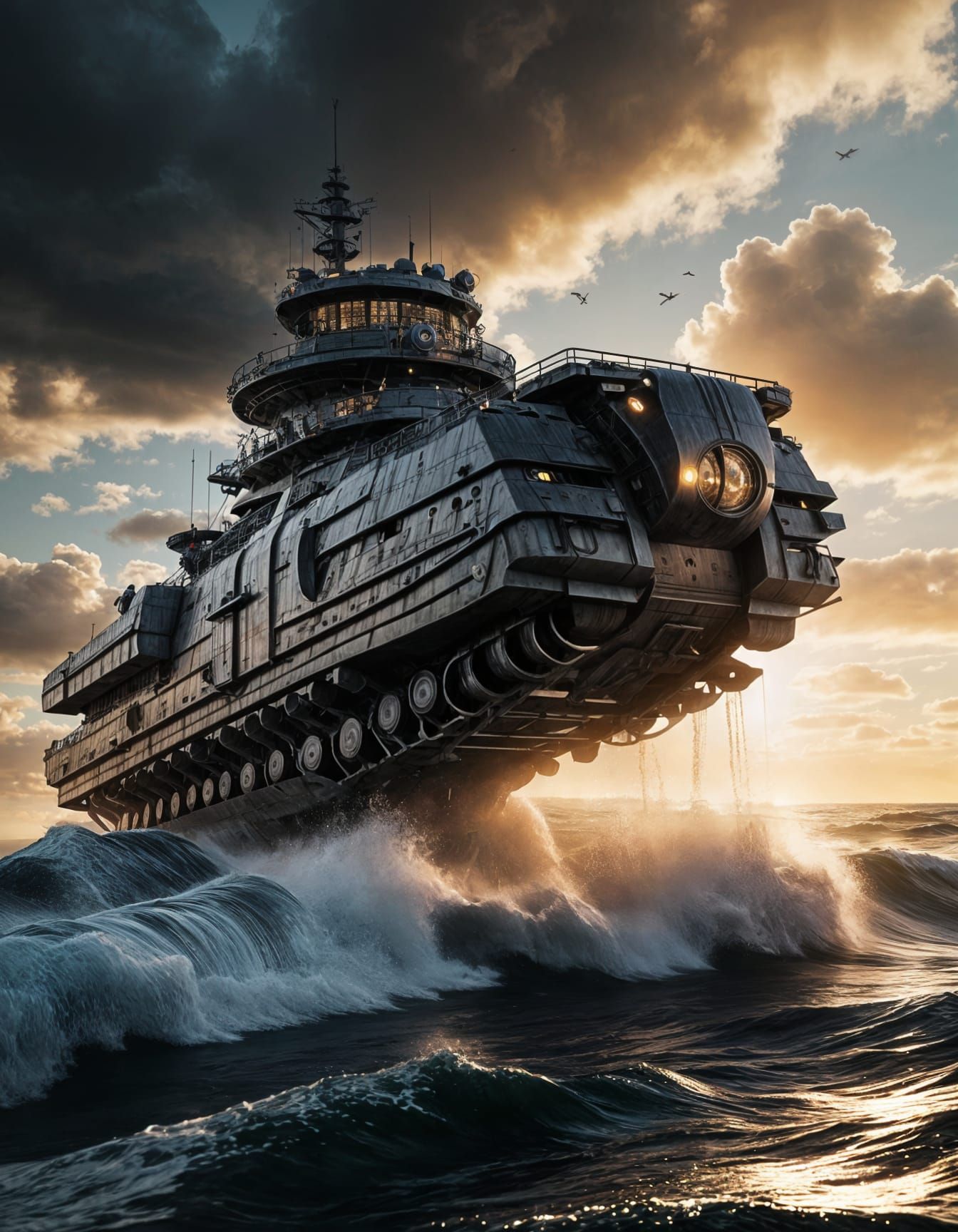 Industrial Art Deco War Machine Emerges from Turbulent Sea