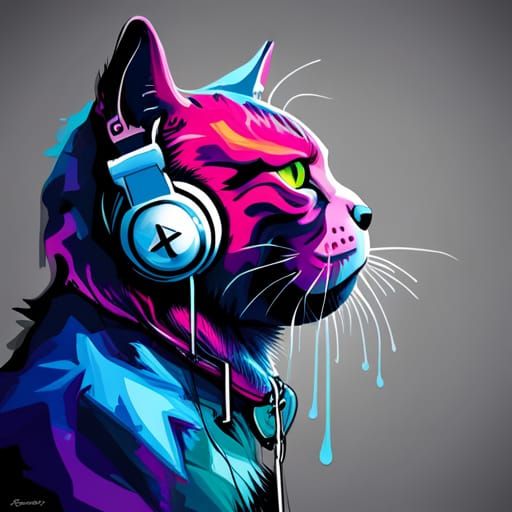 Cat with Headphones in Graffiti Splash Art