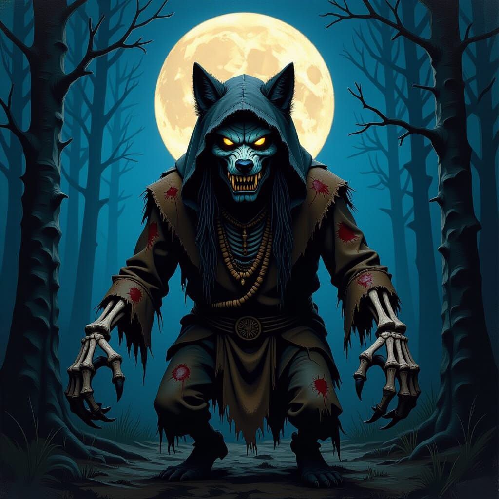 Impasto Painting of Navajo Night Creature in Moonlit Forest