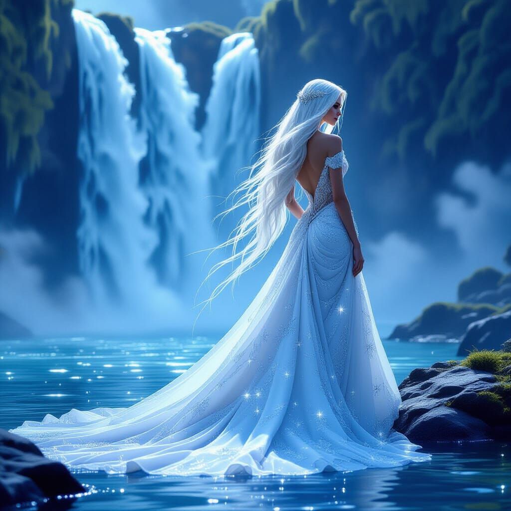 Fantasy Woman in Starlight Gown by Waterfall