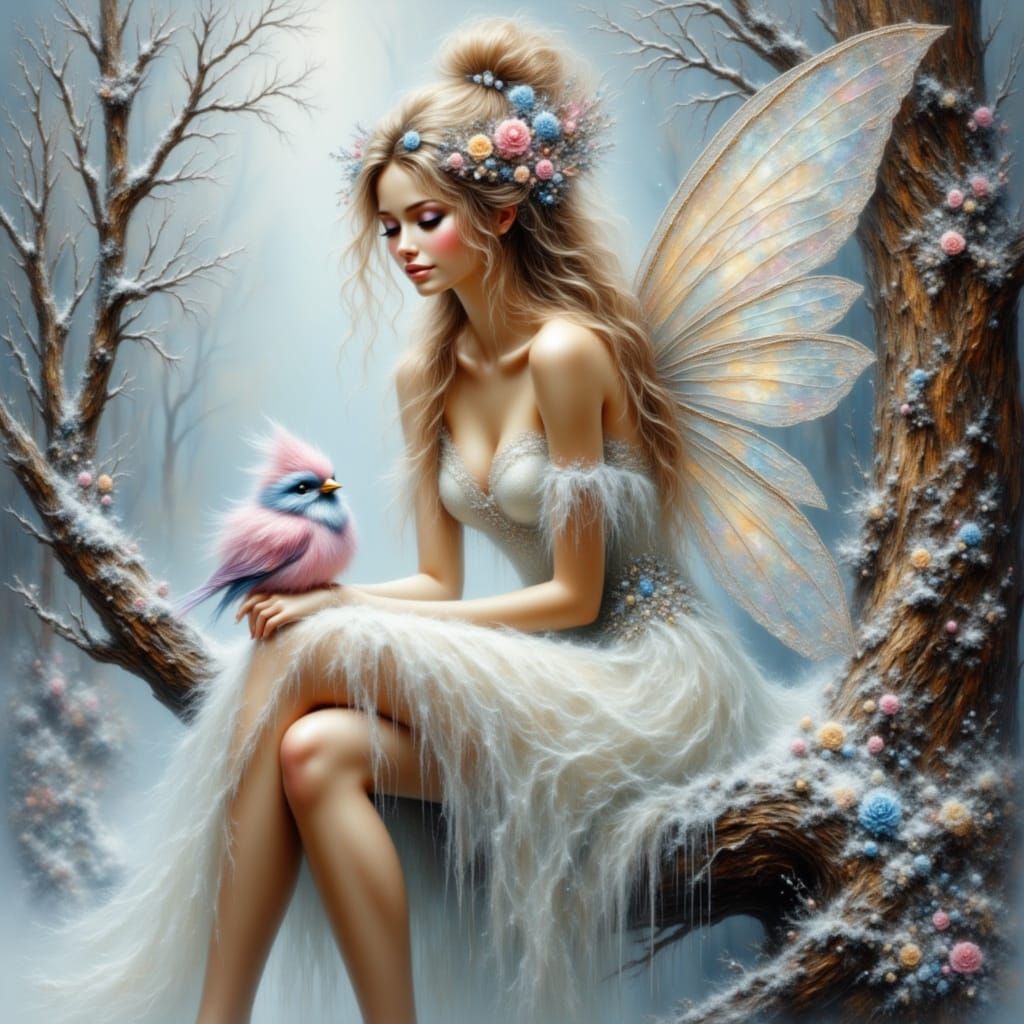 Smiling Fairy with Bird on Snowy Branch