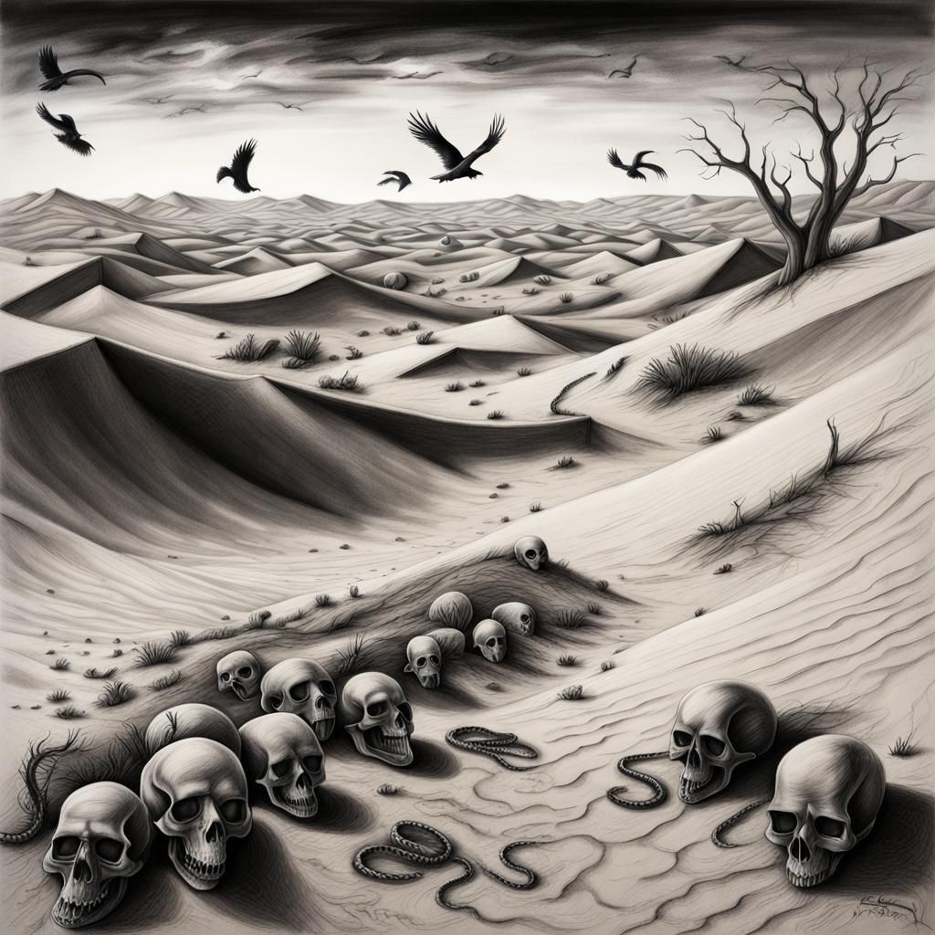 Charcoal Desert Wasteland with Crows and Snakes