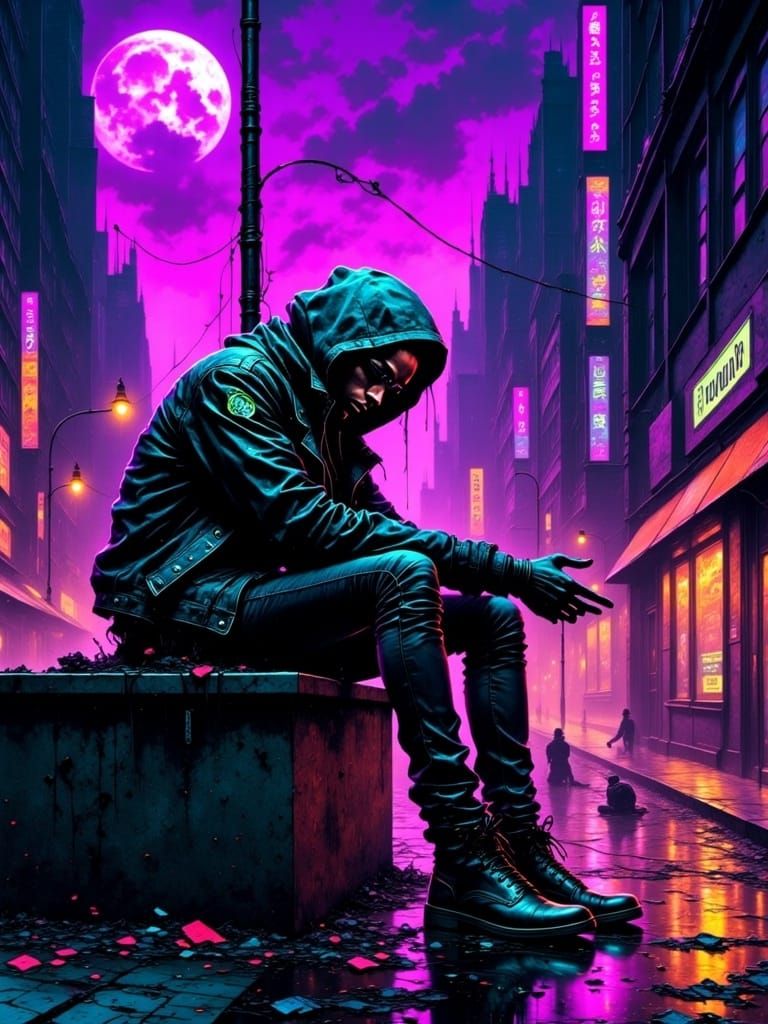 Beggar on a Dystopian Street Corner