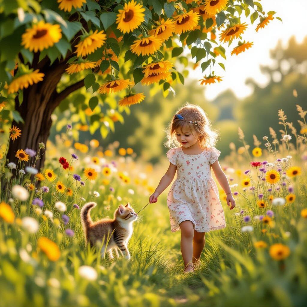 Girl and Kitten Stroll Through Dreamy Flower Meadow