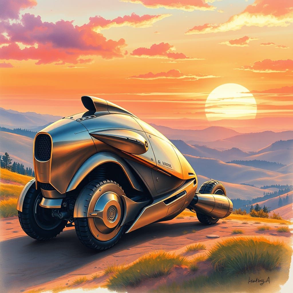 Anime-Inspired Armored Vehicle Under Sunset Sky