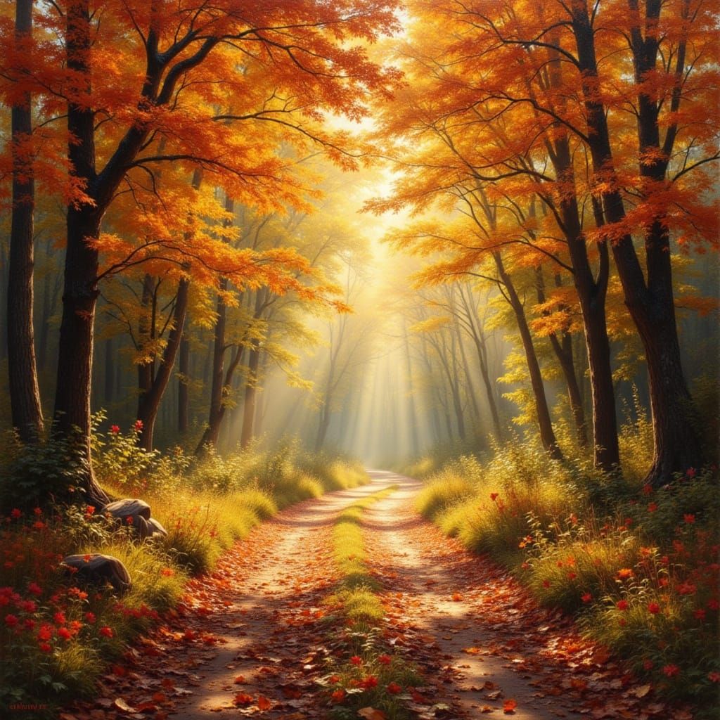 Golden Hour Sunlight on Autumn Forest Path