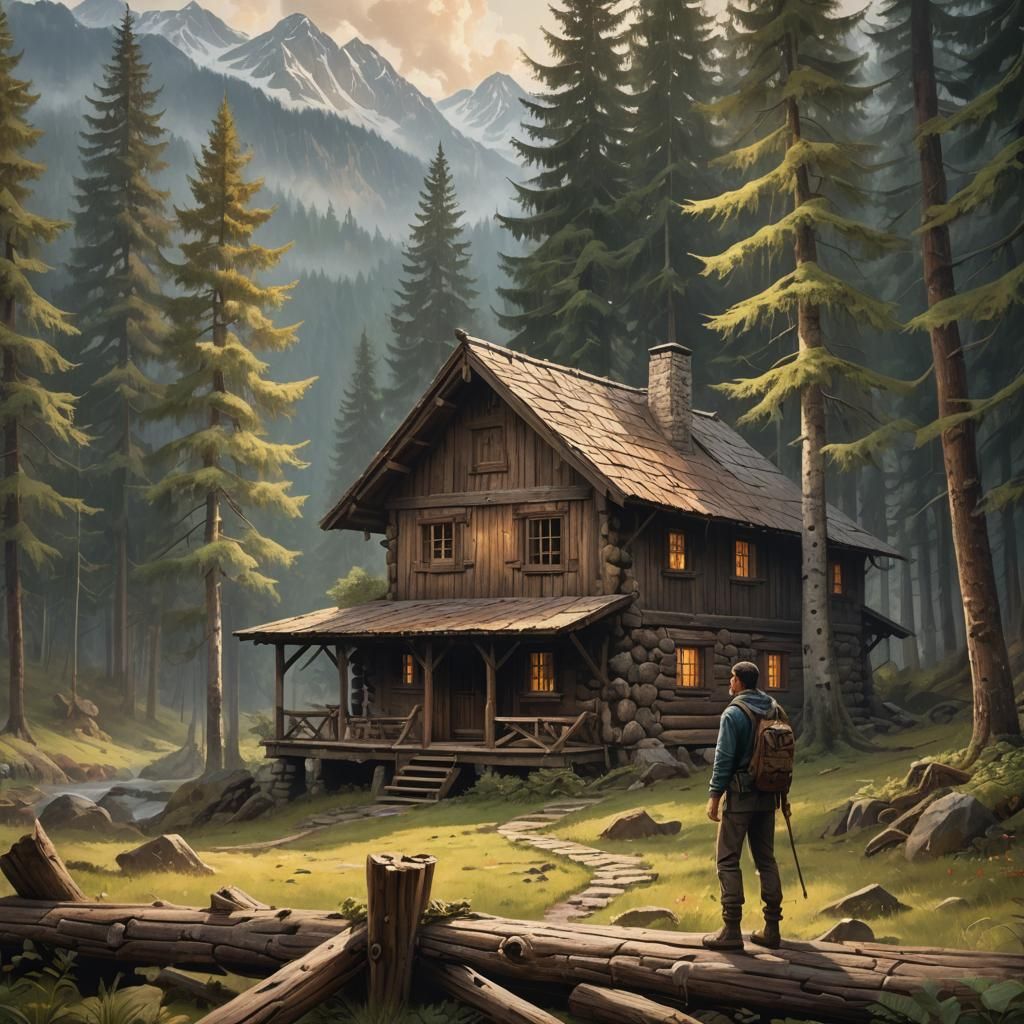 Realistic Minecraft Cabin in Forest, Matte Painting