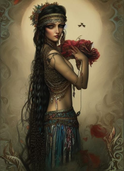 Beautiful Gypsy Woman Portrait in Art Nouveau Style
