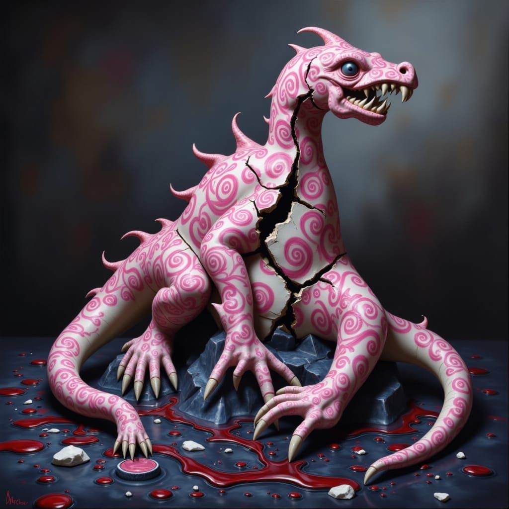 Pink Dragon on Dark Wood Nightstand with Volumetric Light