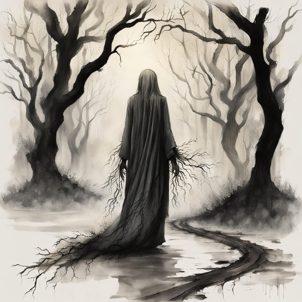 Woman Becoming Tree in Charcoal Drip Ink