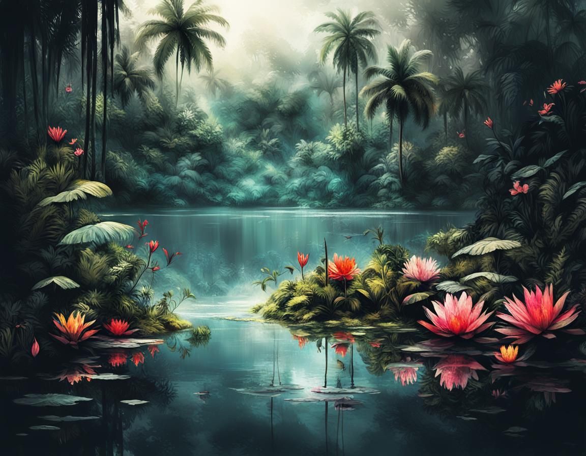 Jungle Lake in High-Contrast Cinematic Photography